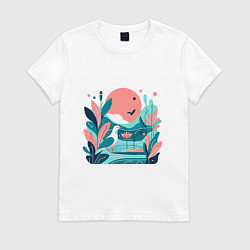 Футболка хлопковая женская Чайка у воды любуется лотосом, цвет: белый
