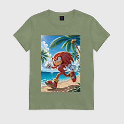 Футболка хлопковая женская Ехидна Наклз бежит по пляжу с пальмами, цвет: авокадо