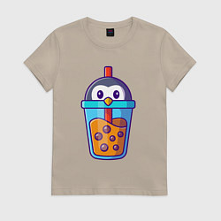 Футболка хлопковая женская Пингвинчик и напиток, цвет: миндальный