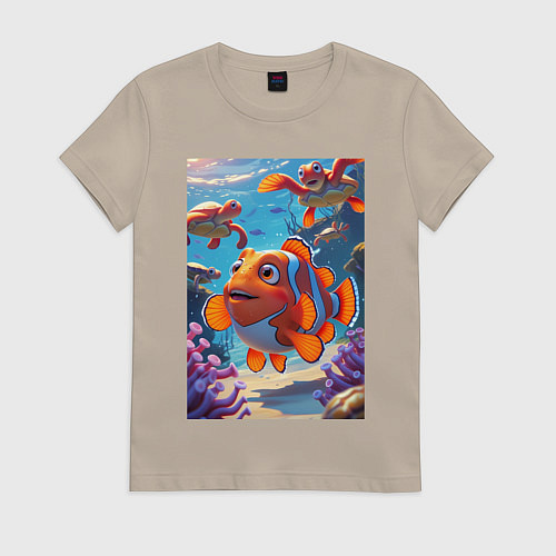 Женская футболка Рыбка клоун плавает с черепахами / Миндальный – фото 1