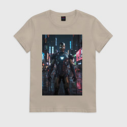 Футболка хлопковая женская Железный человек посреди ночного города, цвет: миндальный