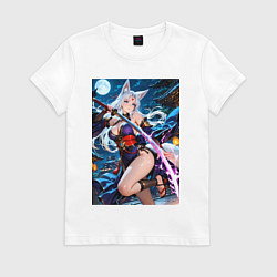 Футболка хлопковая женская Лисица с катаной на фоне полной Луны, цвет: белый