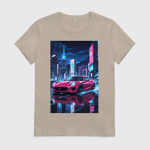 Женская футболка Вишневый спорткар по мокрой дороге / Миндальный – фото 1