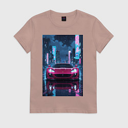 Футболка хлопковая женская Вишневый спорткар по мокрой дороге, цвет: пыльно-розовый