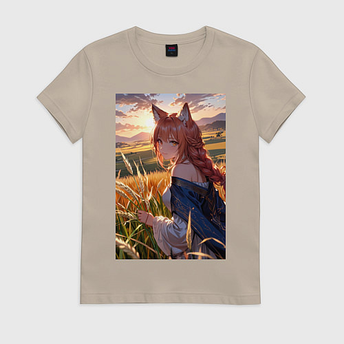 Женская футболка Девушка-волчица посреди поля пшеницы / Миндальный – фото 1