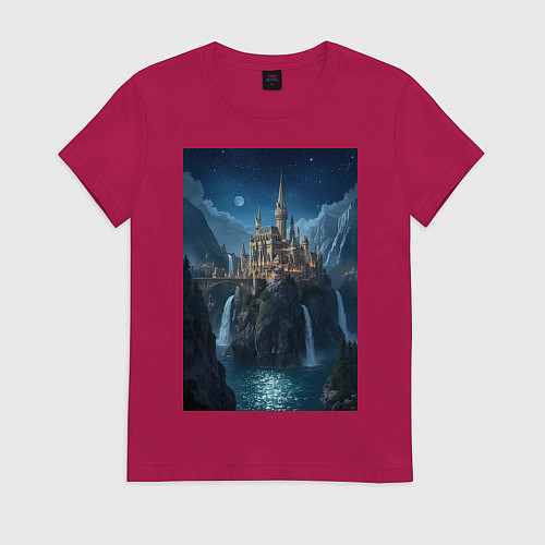 Женская футболка Замок в стиле Хогвартс под звездным небом / Маджента – фото 1