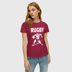 Футболка хлопковая женская Регби мощный прыжок с мячом, цвет: маджента — фото 2
