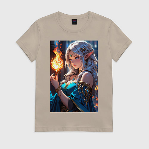 Женская футболка Прекрасная эльфийка-маг с шаром огня / Миндальный – фото 1