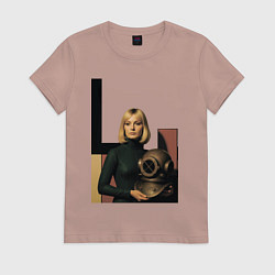 Футболка хлопковая женская Девушки и старый водолазный шлем ретрофутуризм поп, цвет: пыльно-розовый