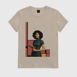 Футболка хлопковая женская Ретрофутуризм девушка с бластером поп-арт 1970-е, цвет: миндальный