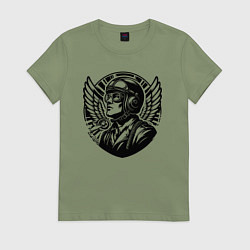 Футболка хлопковая женская Авиатор в круге с крыльями, цвет: авокадо