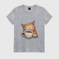 Футболка хлопковая женская Уставший кот спит на кружке с кофе, цвет: меланж