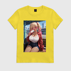Футболка хлопковая женская Гяру эротично кушает мороженное, цвет: желтый