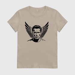 Футболка хлопковая женская Портрет Арнольд Шварценеггер с крыльями, цвет: миндальный