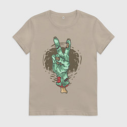 Футболка хлопковая женская Рука зомби жест V, цвет: миндальный