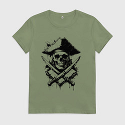 Футболка хлопковая женская Пиратский череп с мечами, цвет: авокадо