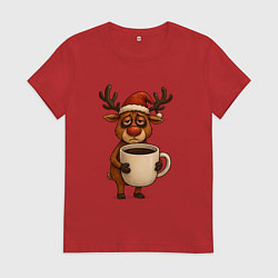Футболка хлопковая женская Уставший олень с кофе, цвет: красный