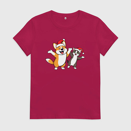 Женская футболка Друзья корги и кот в новогоднем настроении / Маджента – фото 1