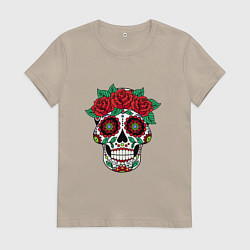 Футболка хлопковая женская Расписной женский череп, цвет: миндальный