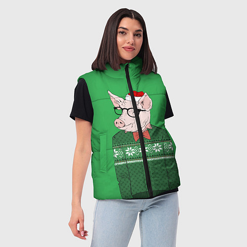 Женский жилет New Year: Hipster Piggy / 3D-Черный – фото 3