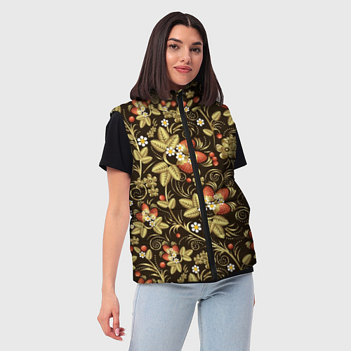 Женский жилет Хохлома роспись клубника / 3D-Черный – фото 3