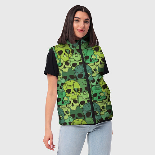 Женский жилет Зеленые черепа - паттерн / 3D-Черный – фото 3