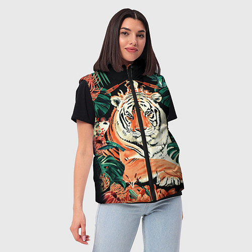 Женский жилет Огненный Тигр в Цветах / 3D-Черный – фото 3