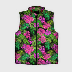 Женский жилет Тропические листья и цветы на черном фоне, цвет: 3D-красный
