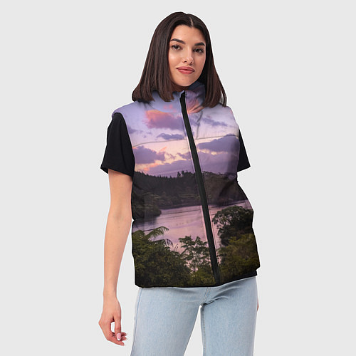 Женский жилет Пейзаж вечерней реки и леса / 3D-Черный – фото 3