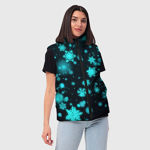 Женский жилет Неоновые снежинки на черном фоне / 3D-Черный – фото 3
