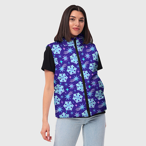 Женский жилет Снежинки со звездами в синем небе / 3D-Черный – фото 3