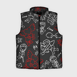 Женский жилет Летающие сердца купидоны розы на черном фоне, цвет: 3D-черный
