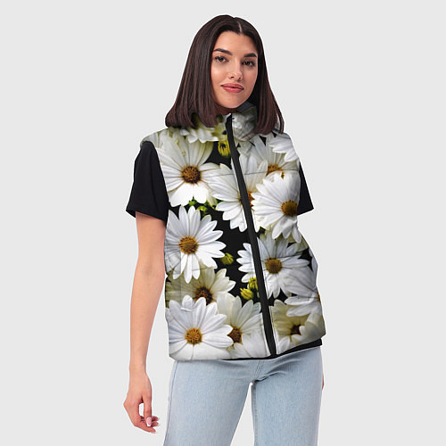 Женский жилет Белые цветы ромашки - летний паттерн / 3D-Черный – фото 3