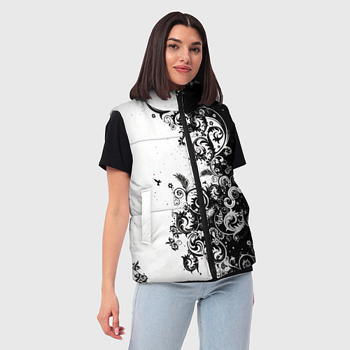 Женский жилет Черно-белая птица среди узорчатых цветов / 3D-Светло-серый – фото 3