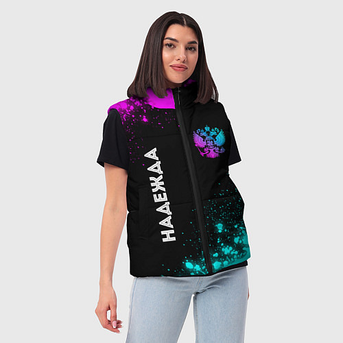 Женский жилет Надежда и неоновый герб России: надпись, символ / 3D-Черный – фото 3