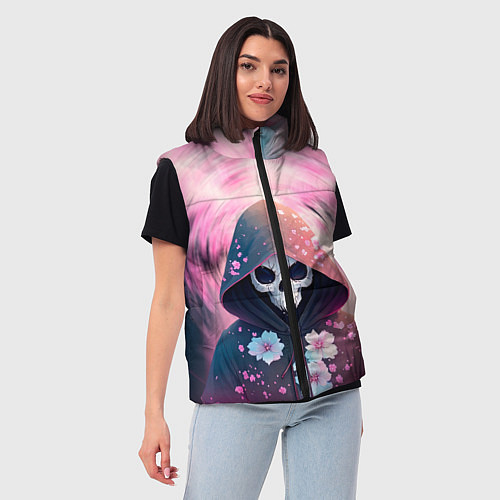 Женский жилет Скелет в худи с цветами / 3D-Светло-серый – фото 3