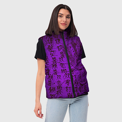 Женский жилет Неоновый дракон - иероглифы / 3D-Черный – фото 3