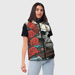 Женский жилет Череп викинга на корабле с розами в стиле тату ире, цвет: 3D-черный — фото 2