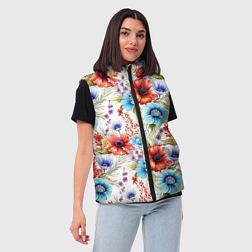 Женский жилет Синие и красные маки на белом - паттерн / 3D-Светло-серый – фото 3