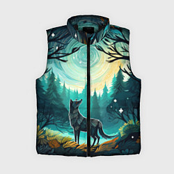 Женский жилет Волк в ночном лесу фолк-арт