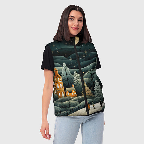 Женский жилет Зима в городе ожидание праздника / 3D-Черный – фото 3