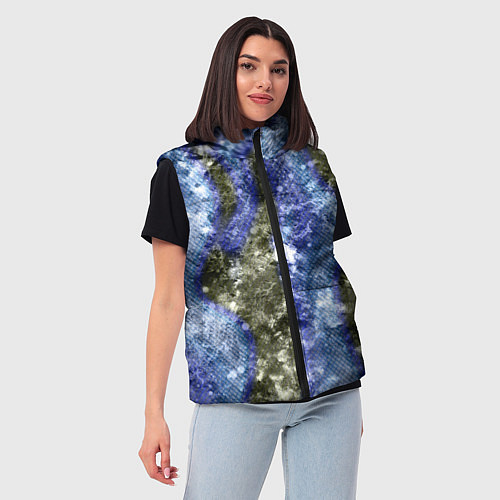 Женский жилет Абстракция - гранж синие полосы на сером / 3D-Черный – фото 3