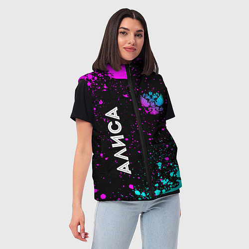 Женский жилет Алиса и неоновый герб России вертикально / 3D-Черный – фото 3