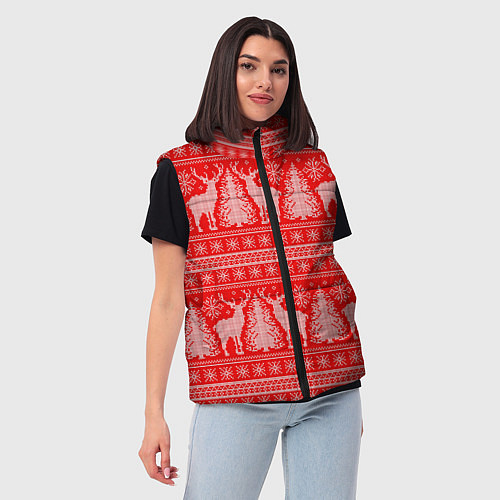 Женский жилет Новогодний узор с оленями и елками / 3D-Черный – фото 3