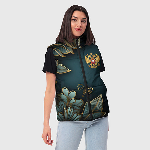 Женский жилет Золотые листья и герб России / 3D-Черный – фото 3