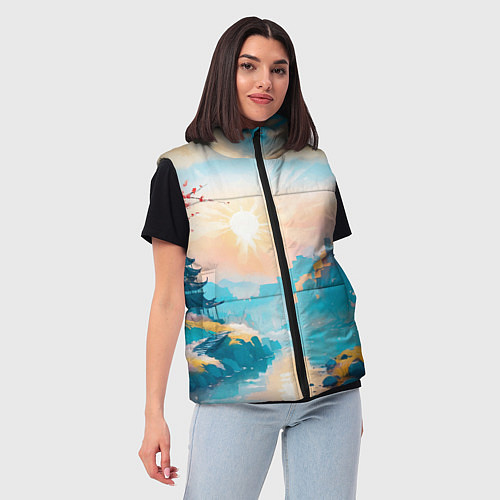 Женский жилет Японский город вдали и цветущая Сакура у реки / 3D-Черный – фото 3