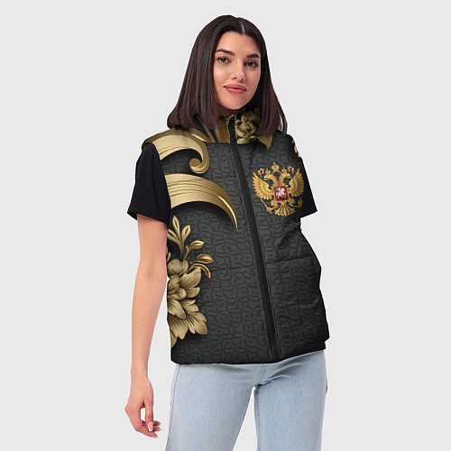 Женский жилет Золотой герб России и объемные узоры / 3D-Черный – фото 3