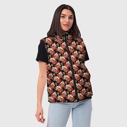 Женский жилет Лошади и цветы на чёрном фоне / 3D-Светло-серый – фото 3