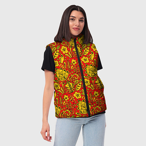 Женский жилет Хохломская роспись золотистые цветы на красном фон / 3D-Черный – фото 3