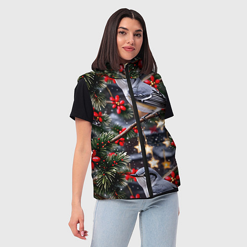 Женский жилет Рождественская птица пересмешник / 3D-Черный – фото 3